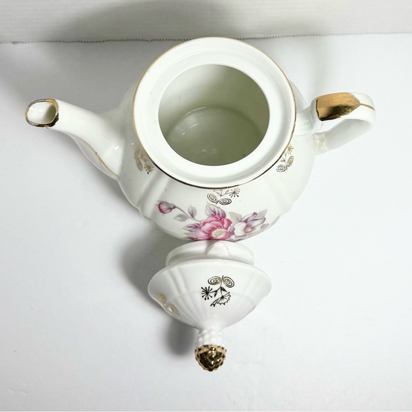 Vintage White Porcelain Japanese Teapot Pink Floral Art Gold Turquoise Accents - Picture 6 of 7